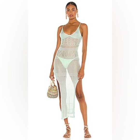REVOLVE Flook The Label Kendall Dress in Mint Crochet Sheer Low Back Maxi NWT L - Picture 1 of 9